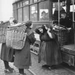 Putting creels on the tram. 1940s.